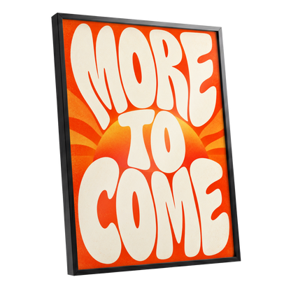 More to Come Glow, orange, beige, yellow abstract wall art shown as a black framed poster wall art print