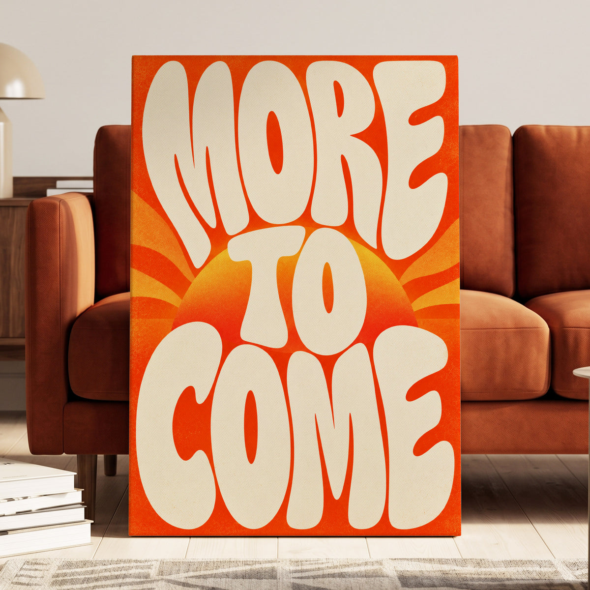 More to Come Glow, orange, beige, yellow abstract wall art on canvas displayed in a styled interior, gallery view 1