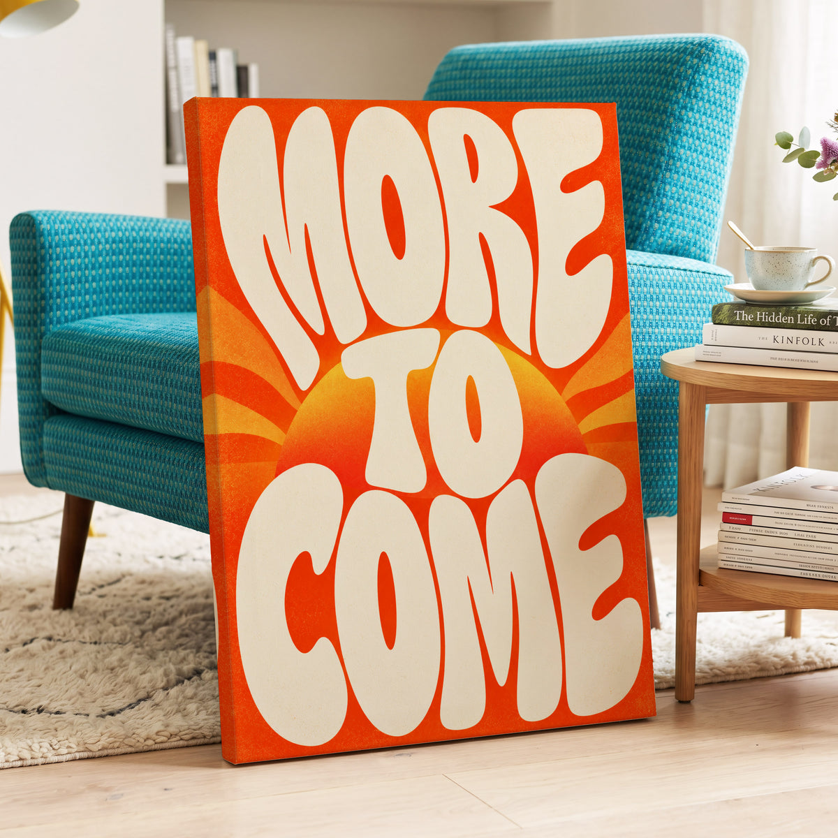 More to Come Glow, orange, beige, yellow abstract wall art on canvas displayed in a styled interior, gallery view 2