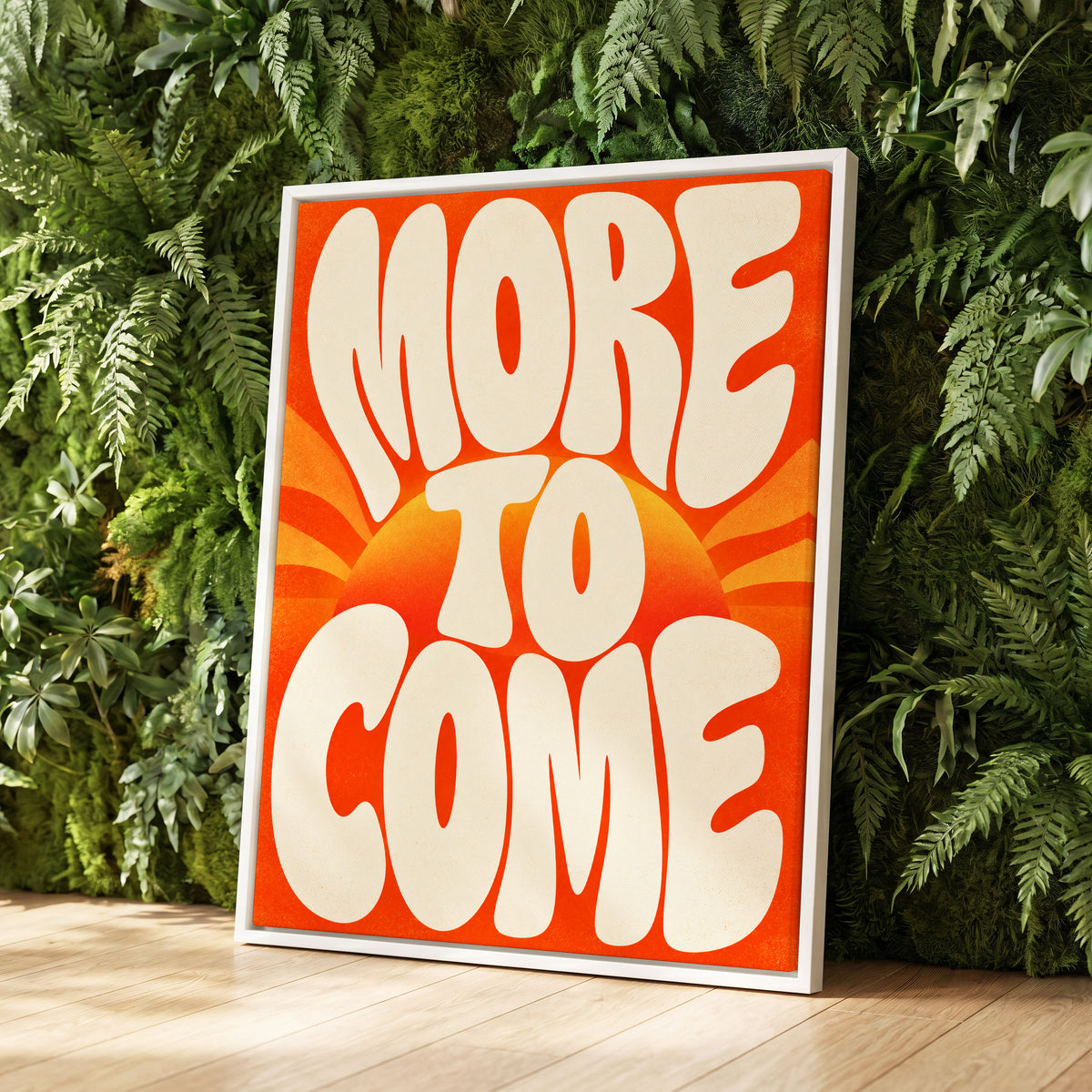 More to Come Glow, orange, beige, yellow abstract wall art displayed in a styled interior, gallery view 1
