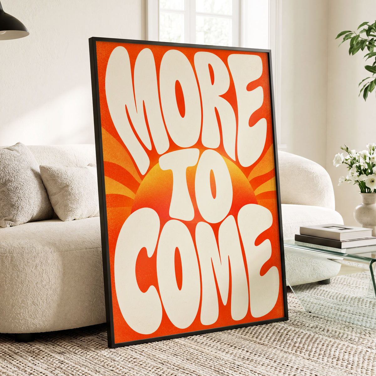 More to Come Glow, orange, beige, yellow abstract wall art displayed in a styled interior, gallery view 3