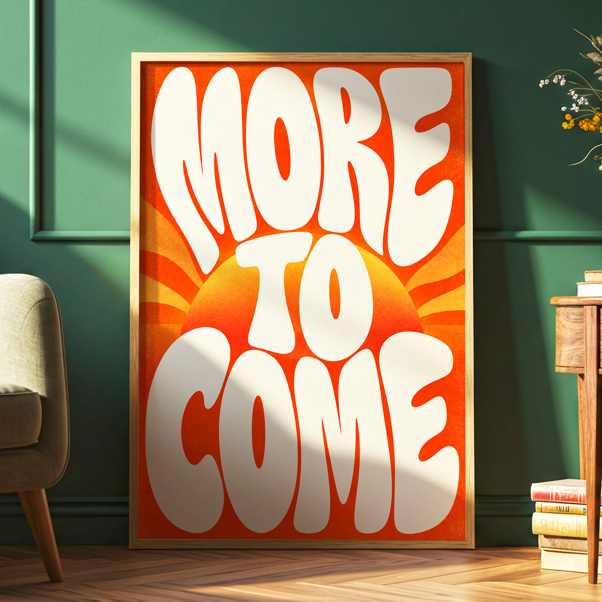 More to Come Glow, orange, beige, yellow abstract wall art displayed in a styled interior, gallery view 6