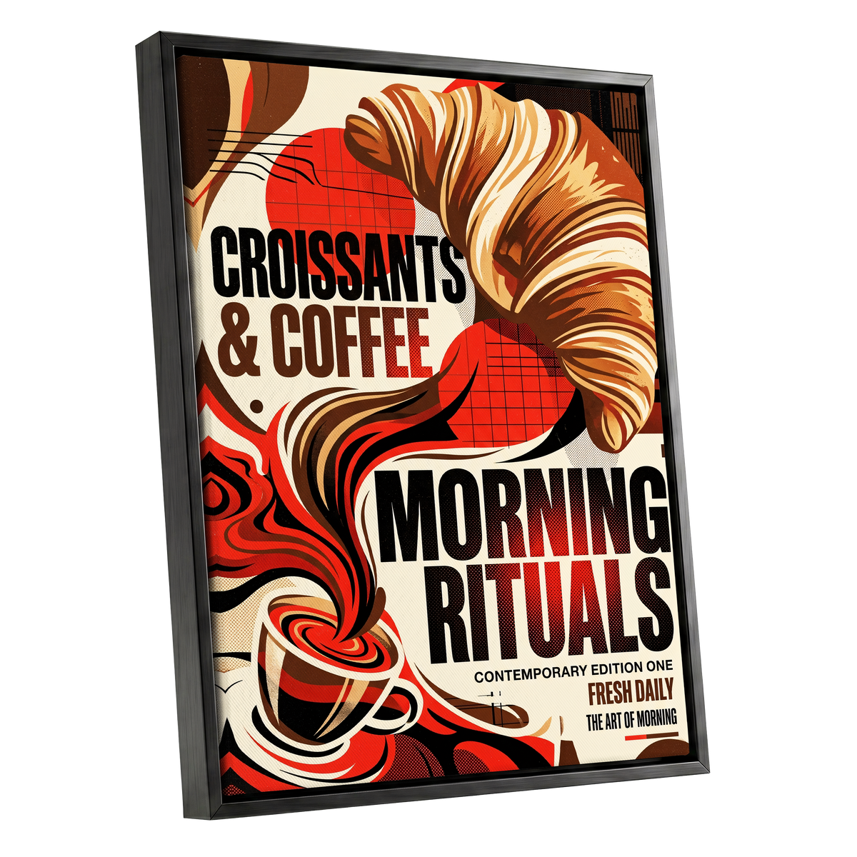 Morning Rituals, red, black, beige abstract wall art shown as a black framed canvas wall art