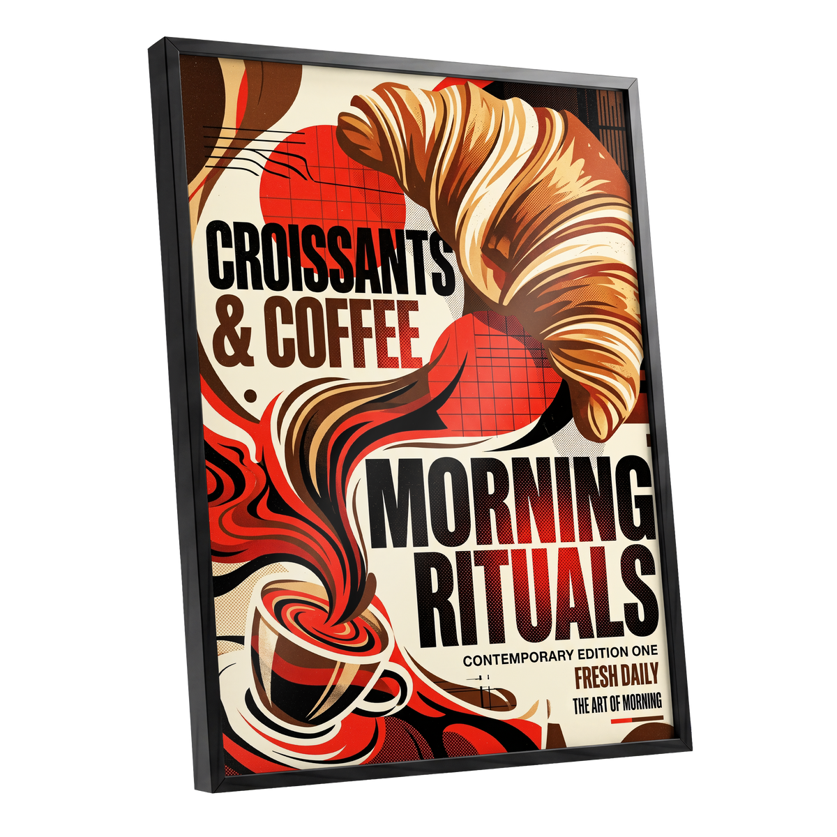 Morning Rituals, red, black, beige abstract wall art shown as a black framed poster wall art print