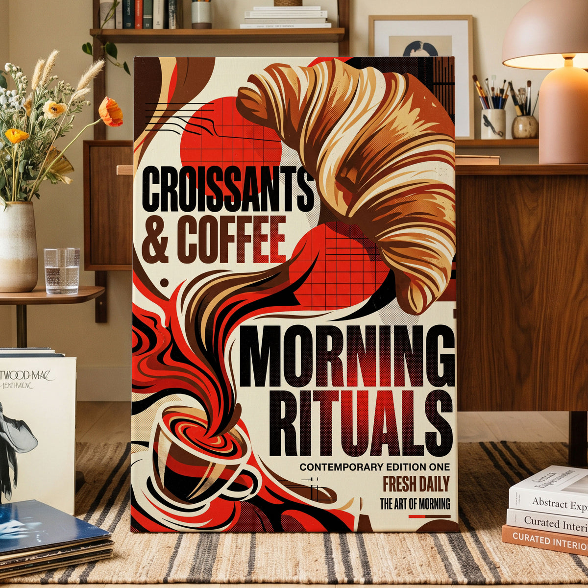 Morning Rituals, red, black, beige abstract wall art on canvas displayed in a styled interior, gallery view 1