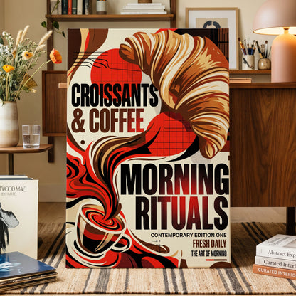 Morning Rituals, red, black, beige abstract wall art on canvas displayed in a styled interior, gallery view 1