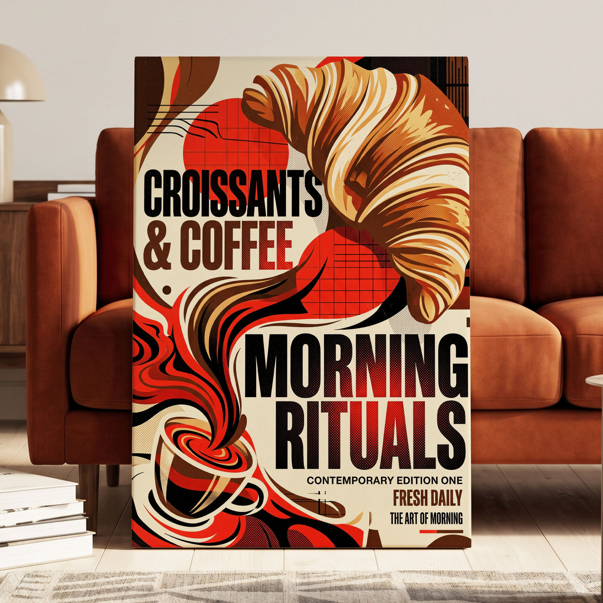 Morning Rituals, red, black, beige abstract wall art on canvas displayed in a styled interior, gallery view 2
