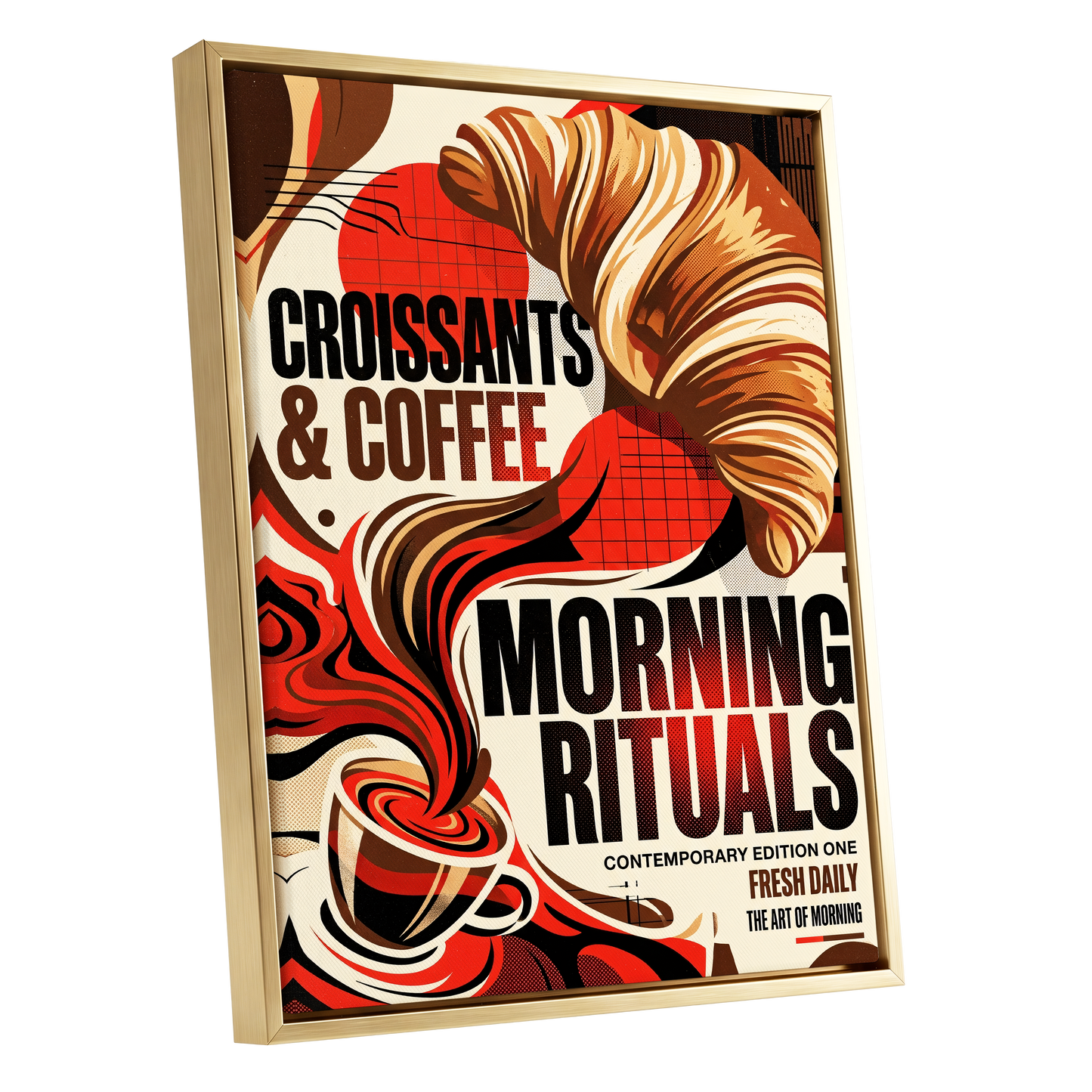 Morning Rituals, red, black, beige abstract wall art shown as a gold framed canvas wall art