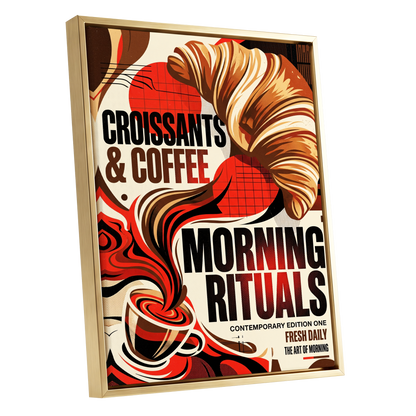 Morning Rituals, red, black, beige abstract wall art shown as a gold framed canvas wall art