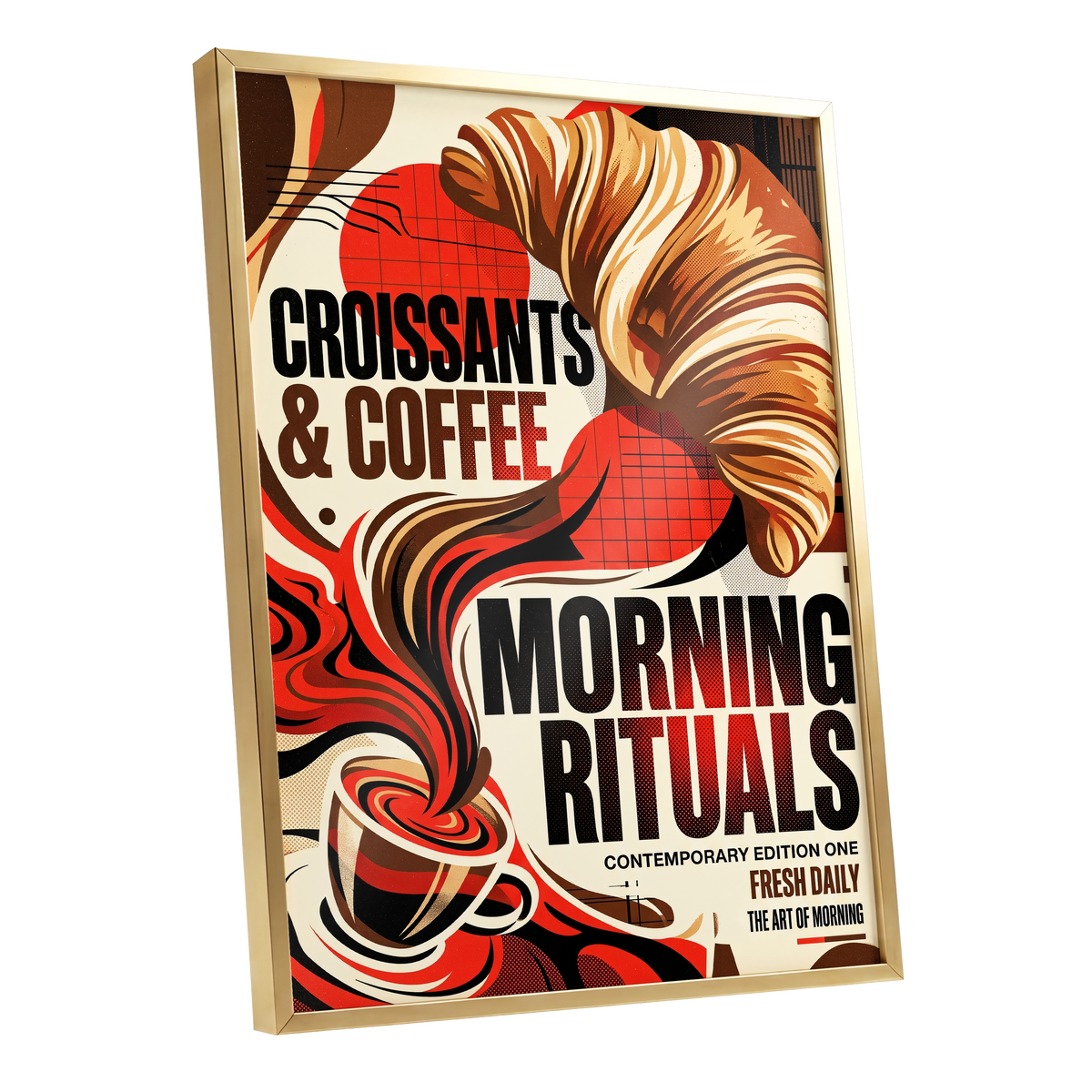 Morning Rituals, red, black, beige abstract wall art shown as a gold framed poster wall art print