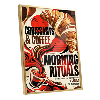 Morning Rituals, red, black, beige abstract wall art shown as a gold framed poster wall art print