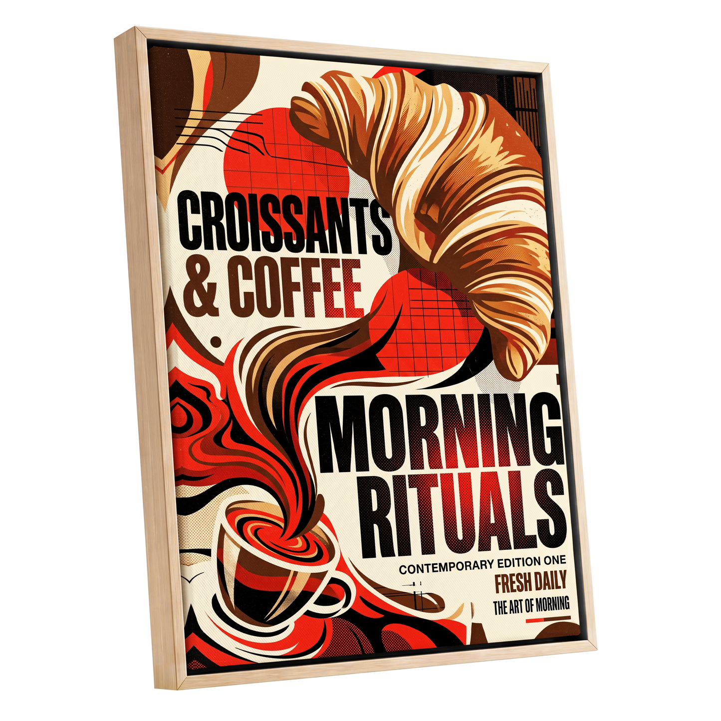 Morning Rituals, red, black, beige abstract wall art shown as a oak framed canvas wall art