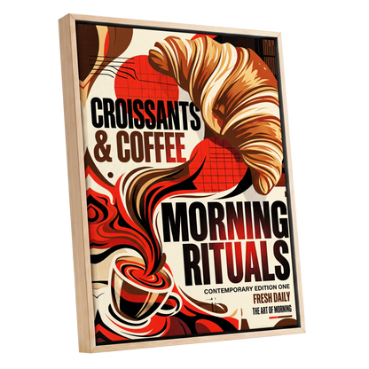 Morning Rituals, red, black, beige abstract wall art shown as a oak framed canvas wall art