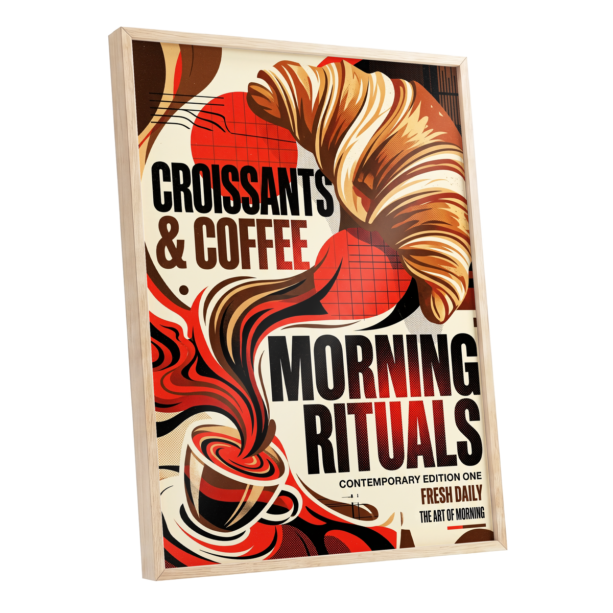 Morning Rituals, red, black, beige abstract wall art shown as a oak framed poster wall art print