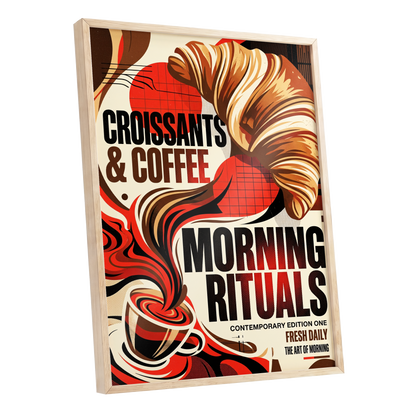 Morning Rituals, red, black, beige abstract wall art shown as a oak framed poster wall art print