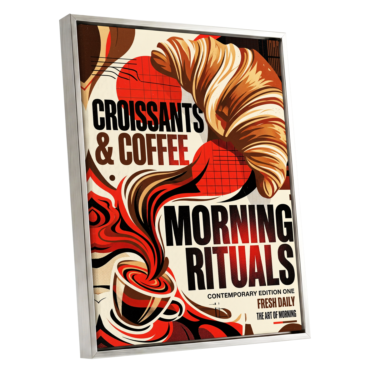 Morning Rituals, red, black, beige abstract wall art shown as a silver framed canvas wall art