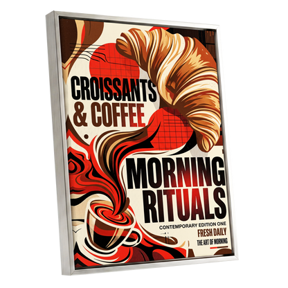 Morning Rituals, red, black, beige abstract wall art shown as a silver framed canvas wall art