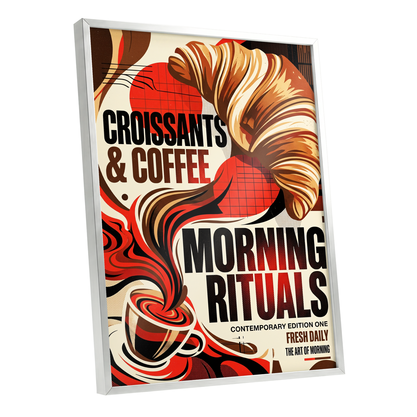 Morning Rituals, red, black, beige abstract wall art shown as a silver framed poster wall art print