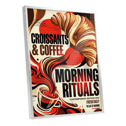 Morning Rituals, red, black, beige abstract wall art shown as a silver framed poster wall art print