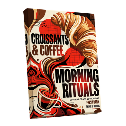 Morning Rituals, red, black, beige abstract wall art shown as a stretched canvas wall art