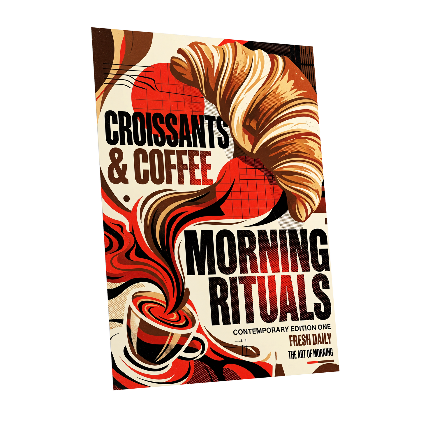 Morning Rituals, red, black, beige abstract wall art shown as a unframed poster wall art print