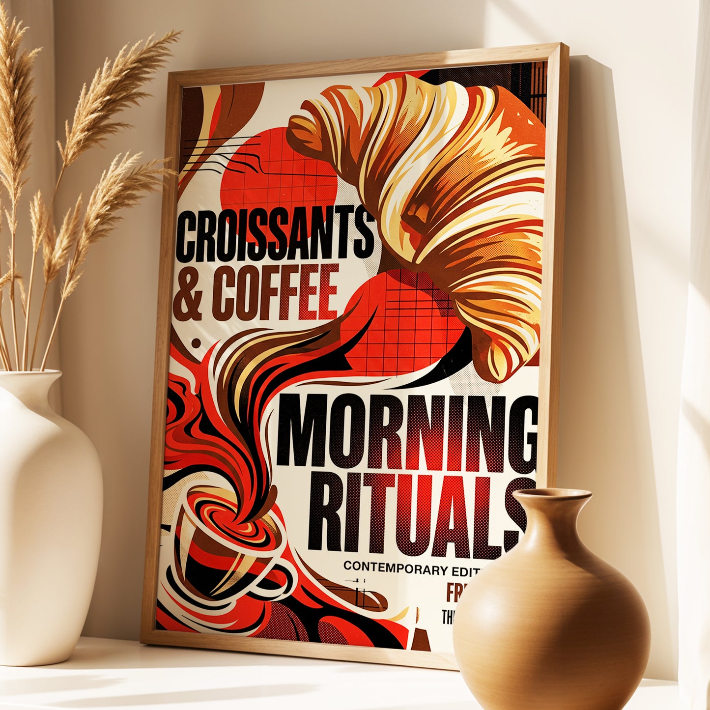 Morning Rituals, red, black, beige abstract wall art displayed in a styled interior, gallery view 1