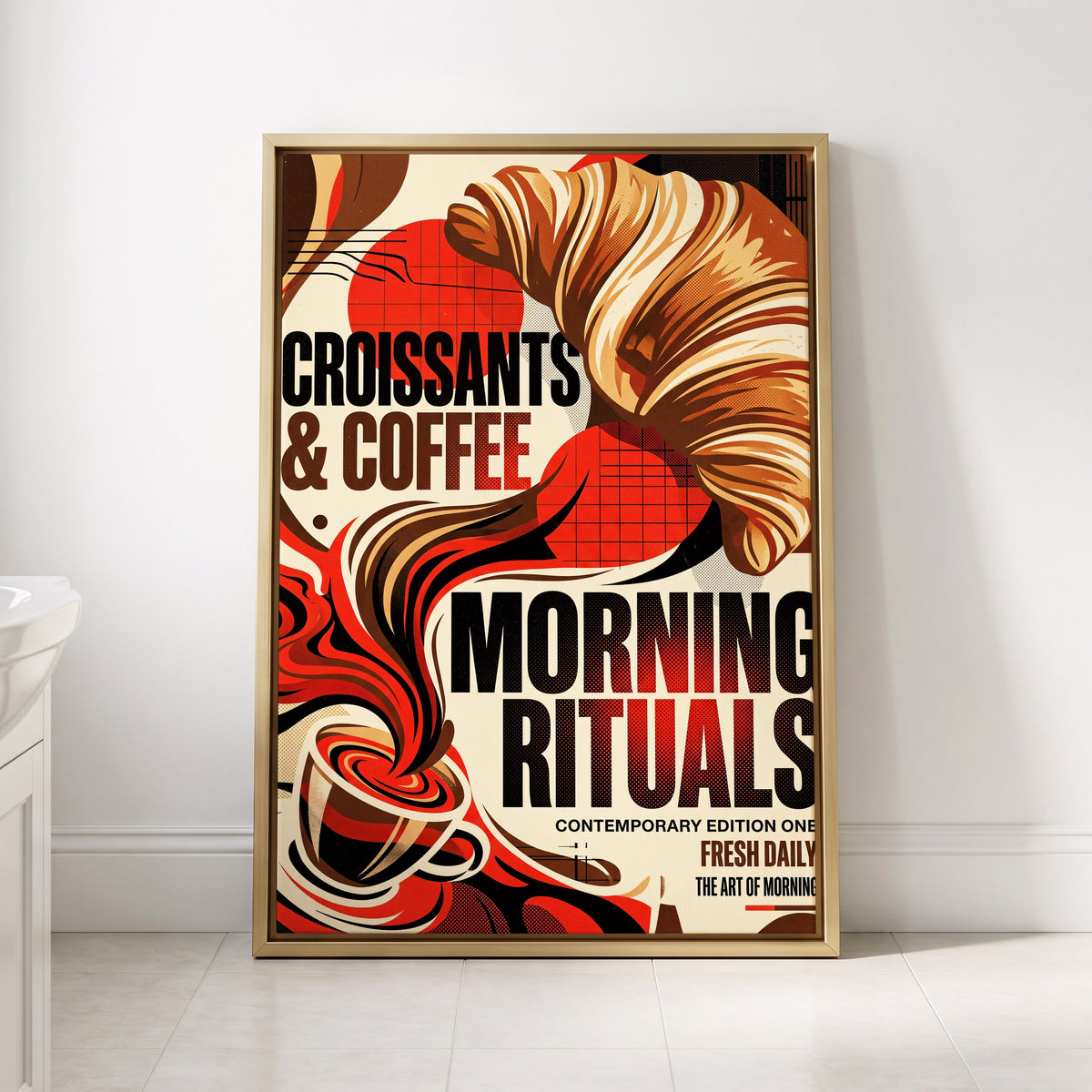 Morning Rituals, red, black, beige abstract wall art displayed in a styled interior, gallery view 2