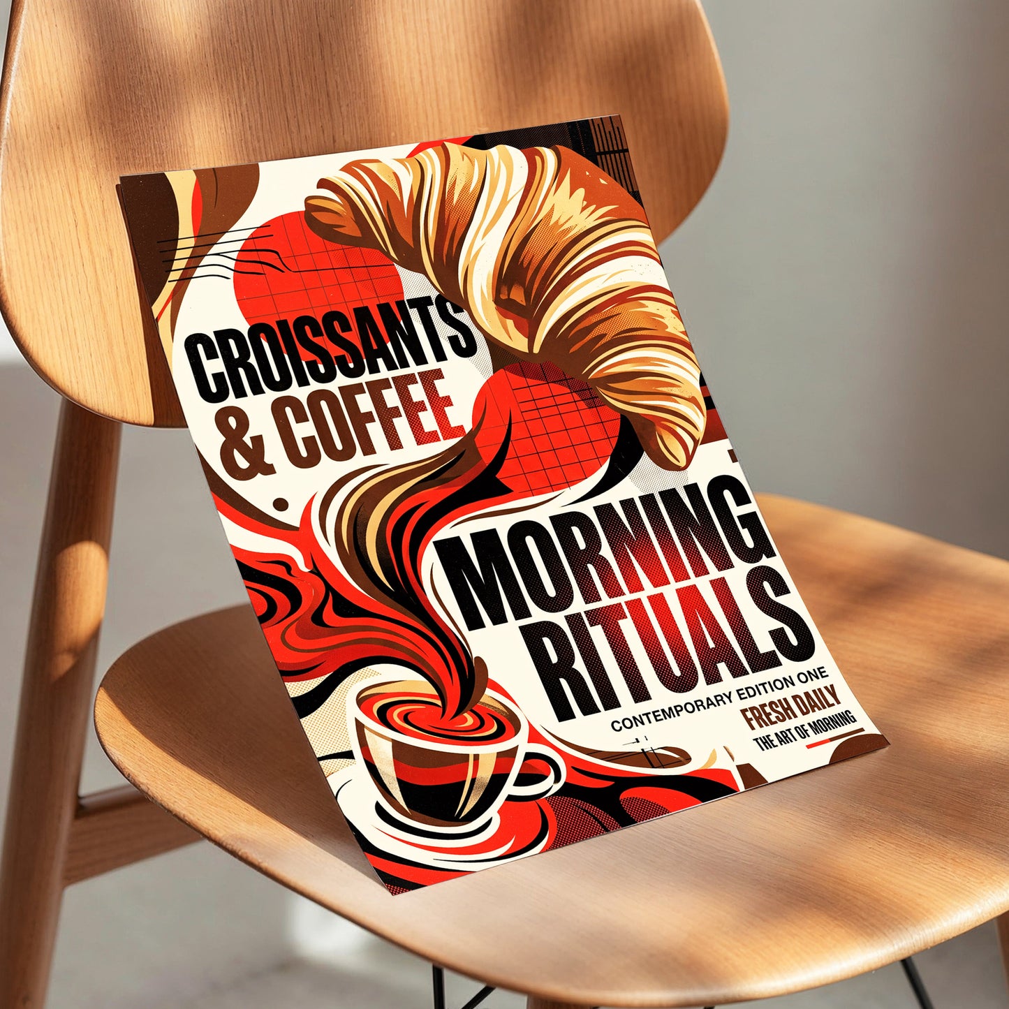Morning Rituals, red, black, beige abstract wall art displayed in a styled interior, gallery view 3