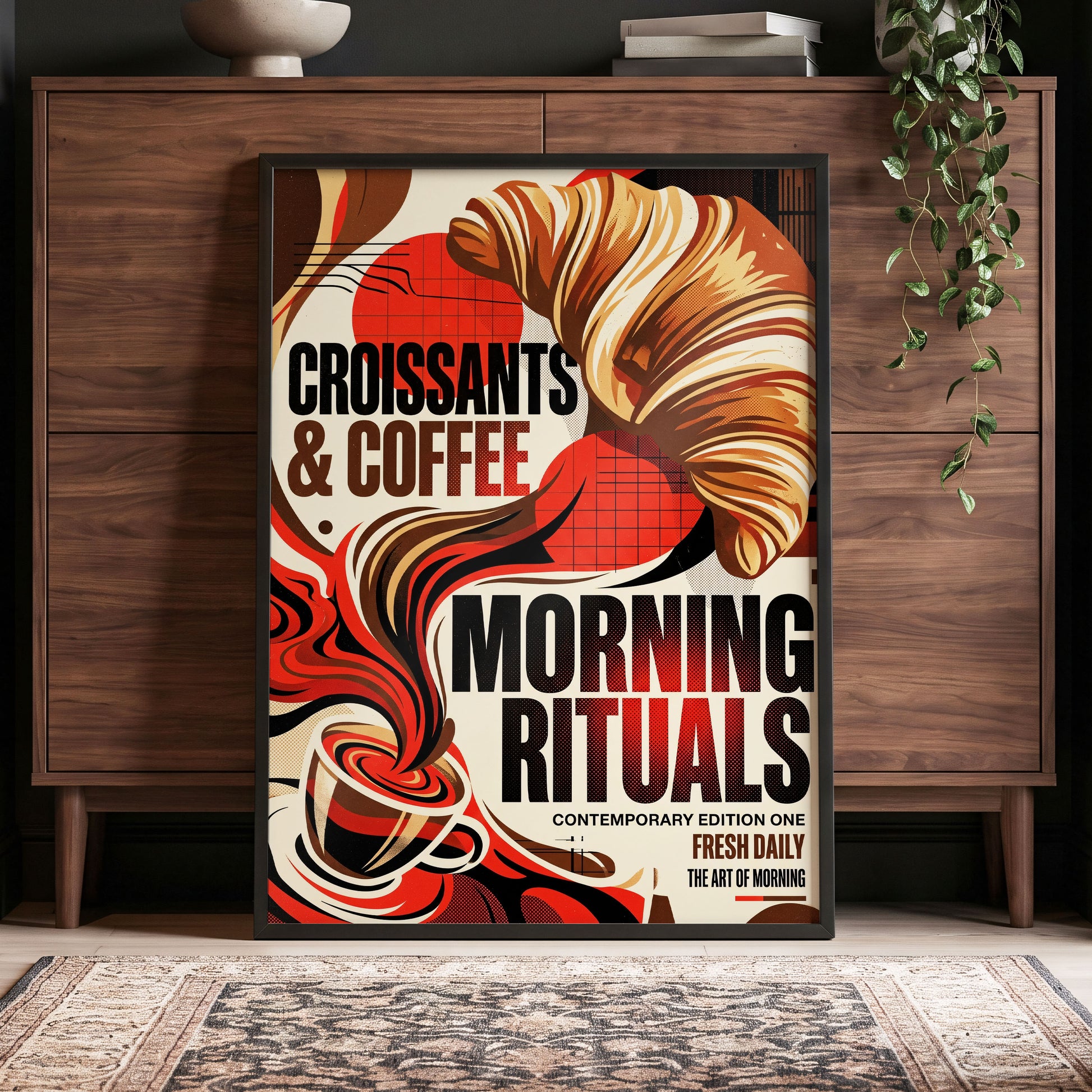 Morning Rituals, red, black, beige abstract wall art displayed in a styled interior, gallery view 4