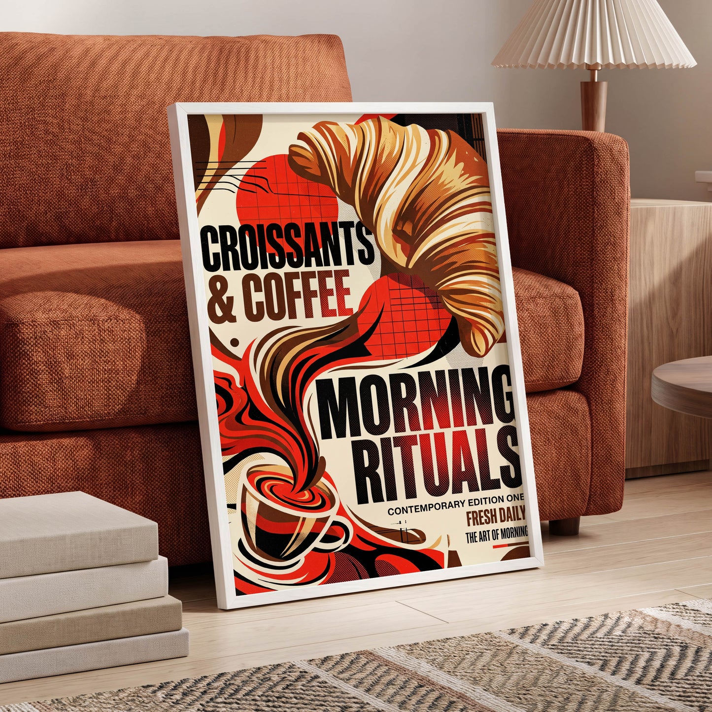 Morning Rituals, red, black, beige abstract wall art displayed in a styled interior, gallery view 5