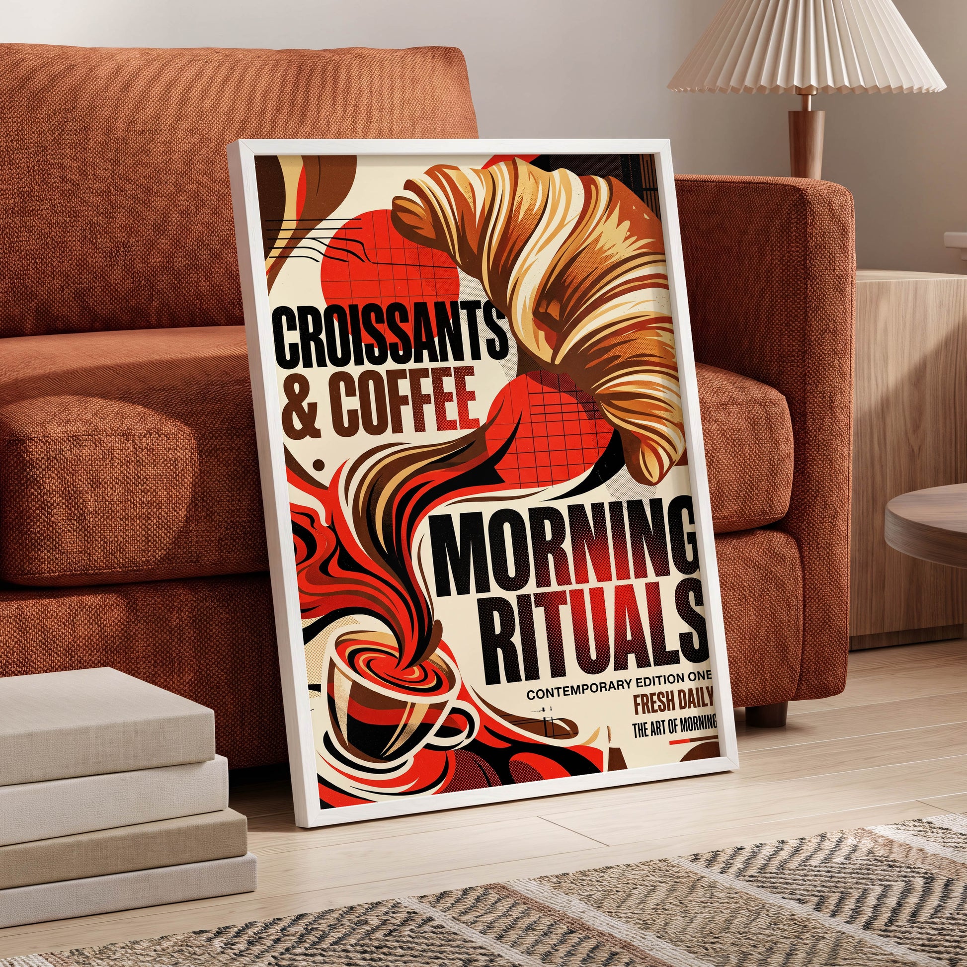 Morning Rituals, red, black, beige abstract wall art displayed in a styled interior, gallery view 5