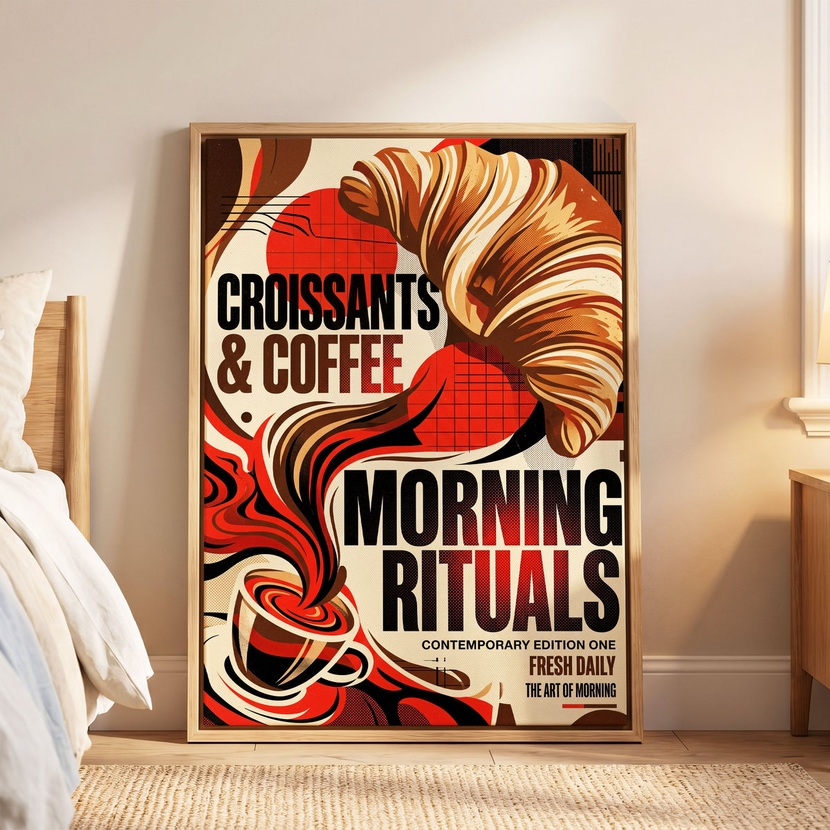 Morning Rituals, red, black, beige abstract wall art displayed in a styled interior, gallery view 6