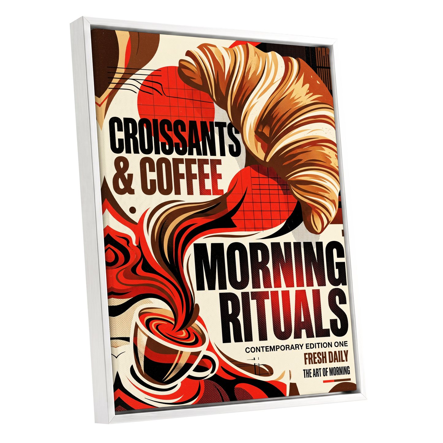 Morning Rituals, red, black, beige abstract wall art shown as a white framed canvas wall art