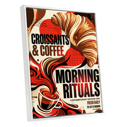 Morning Rituals, red, black, beige abstract wall art shown as a white framed canvas wall art