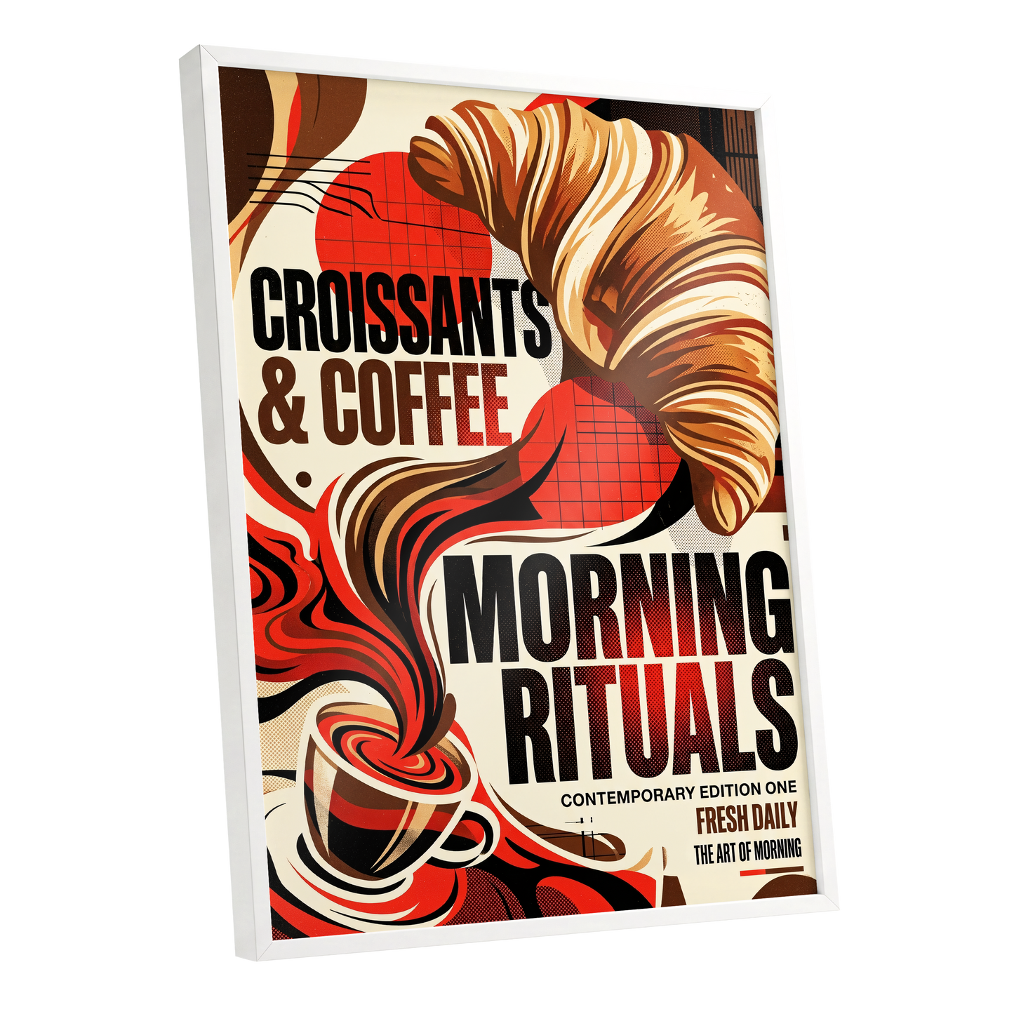 Morning Rituals, red, black, beige abstract wall art shown as a white framed poster wall art print