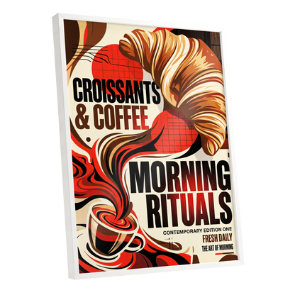 Morning Rituals, red, black, beige abstract wall art shown as a white framed poster wall art print