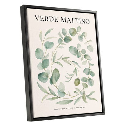 Morning Verde Study, green, beige, black nature wall art shown as a black framed canvas wall art
