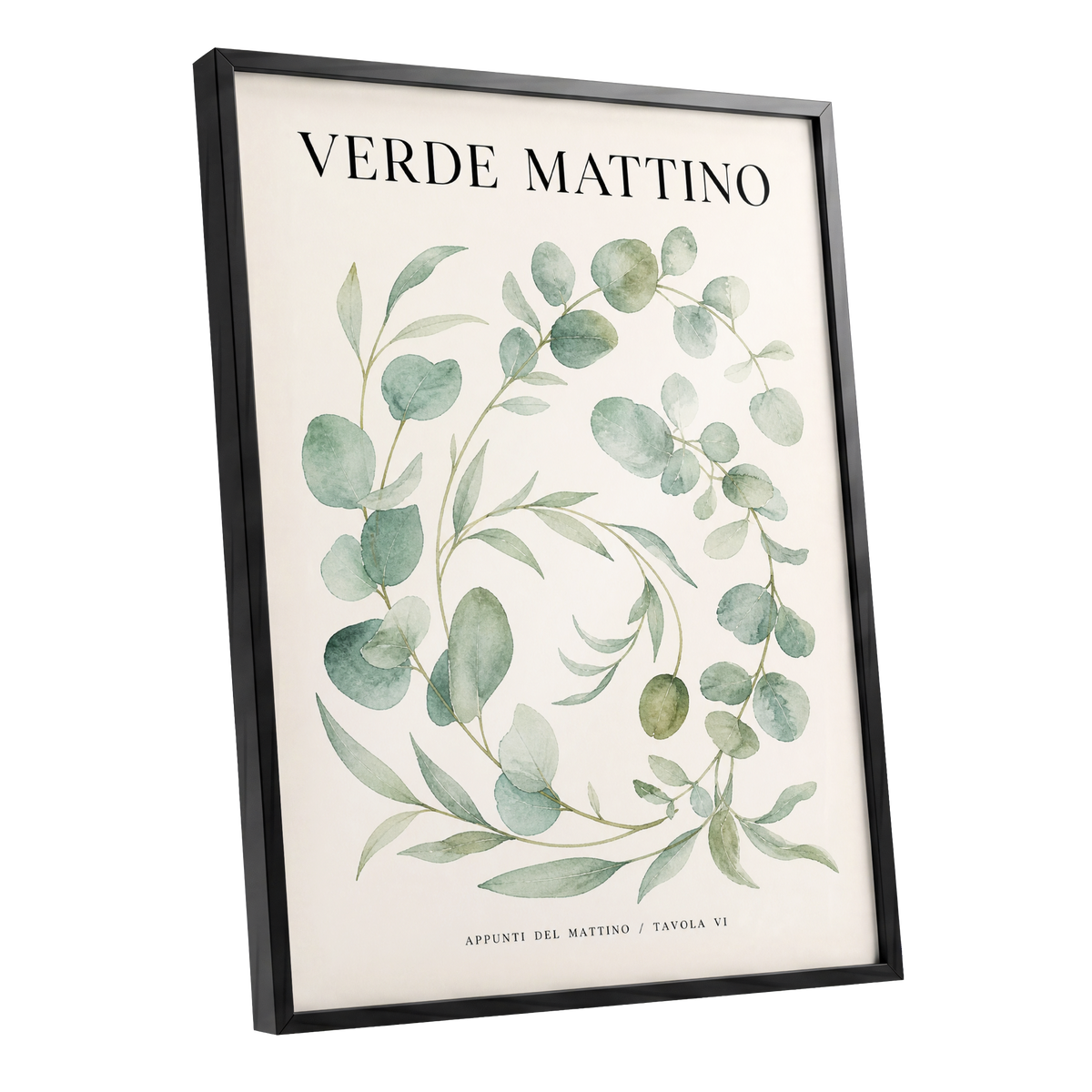 Morning Verde Study, green, beige, black nature wall art shown as a black framed poster wall art print