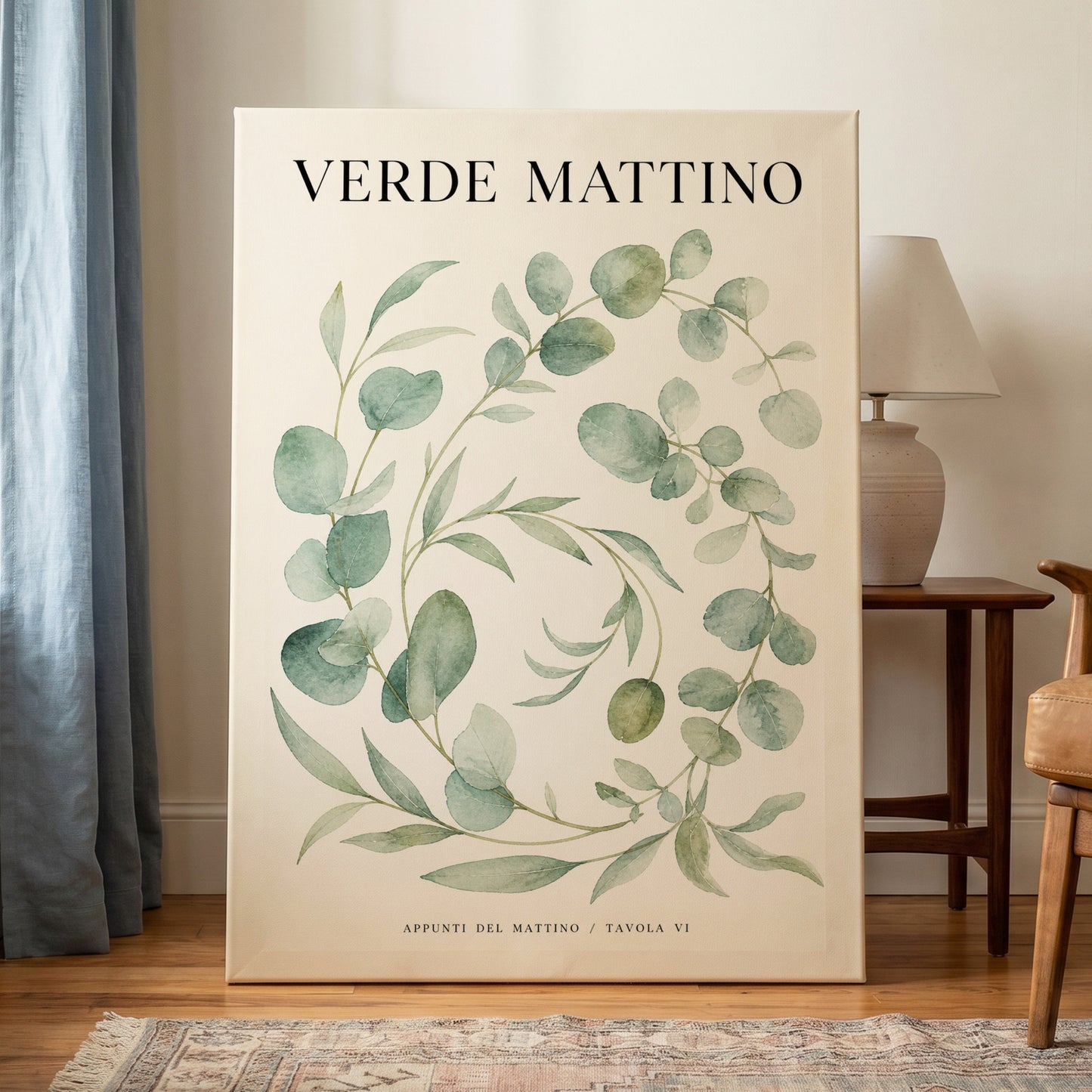 Morning Verde Study, green, beige, black nature wall art on canvas displayed in a styled interior, gallery view 1