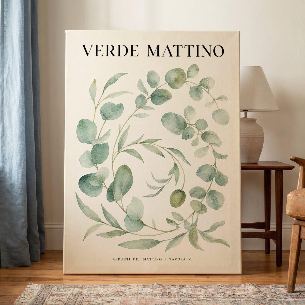 Morning Verde Study, green, beige, black nature wall art on canvas displayed in a styled interior, gallery view 1