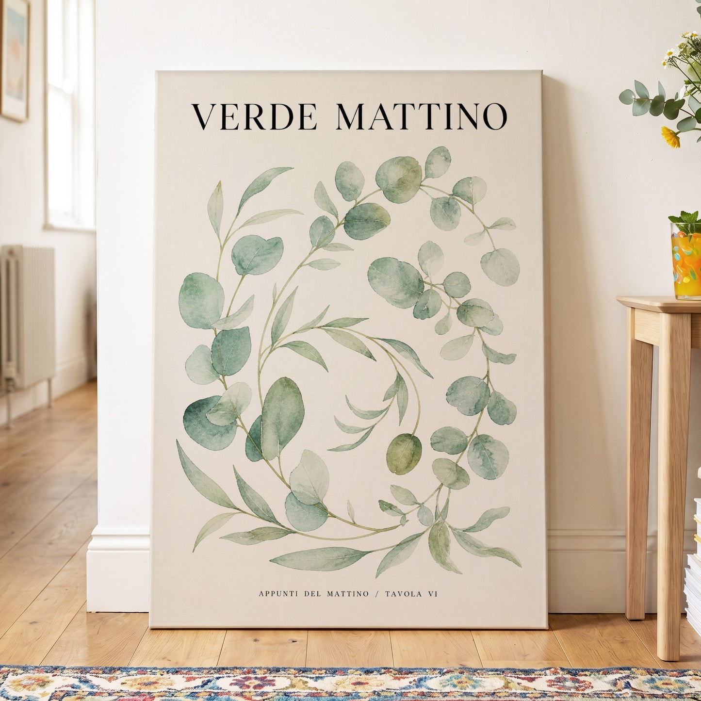 Morning Verde Study, green, beige, black nature wall art on canvas displayed in a styled interior, gallery view 2
