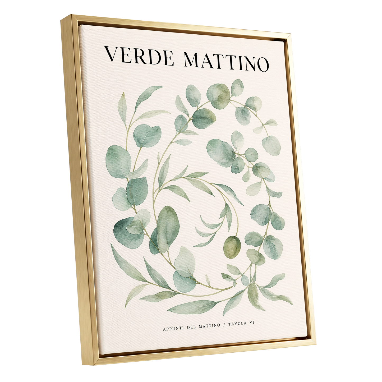 Morning Verde Study, green, beige, black nature wall art shown as a gold framed canvas wall art