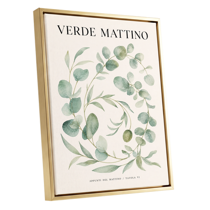 Morning Verde Study, green, beige, black nature wall art shown as a gold framed canvas wall art