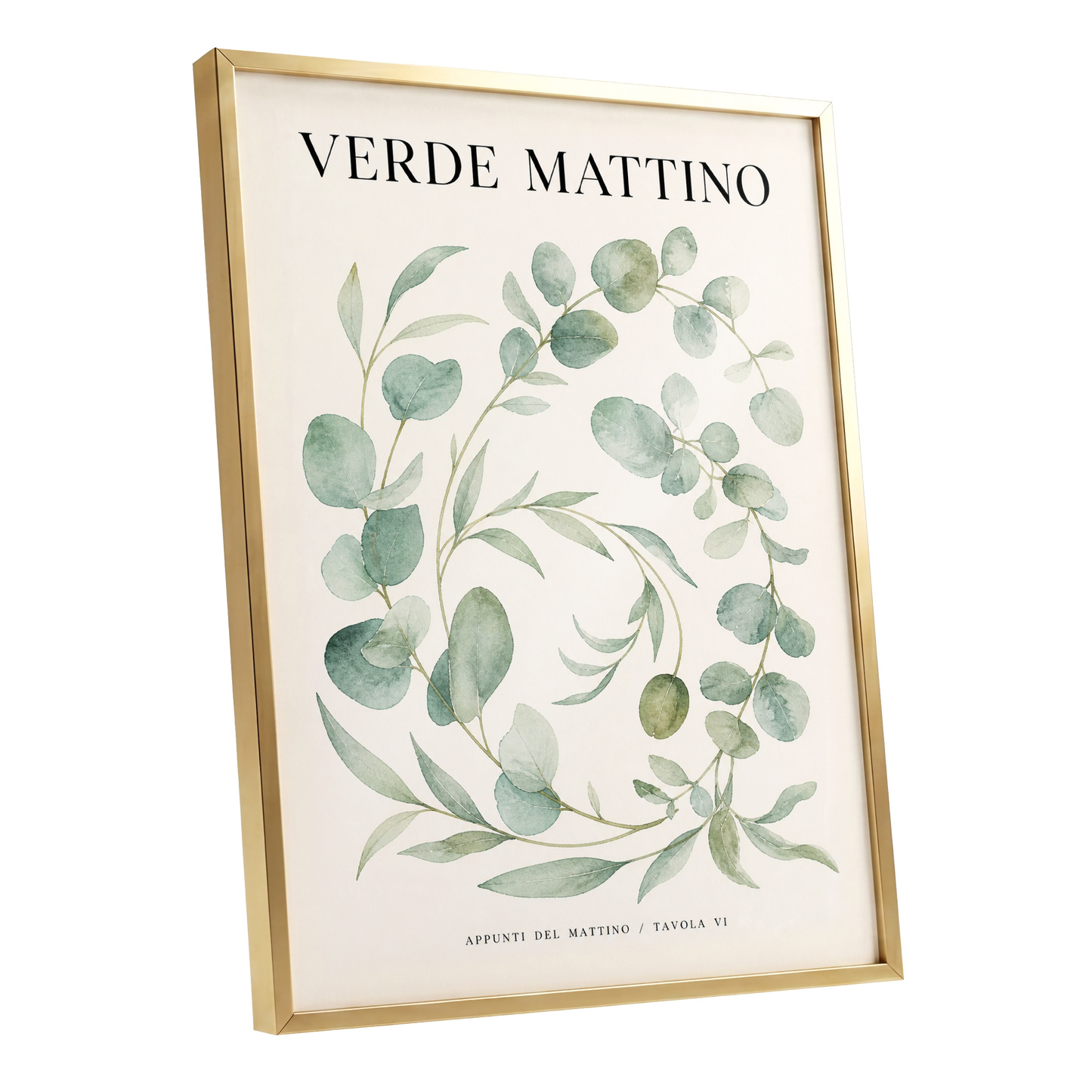 Morning Verde Study, green, beige, black nature wall art shown as a gold framed poster wall art print
