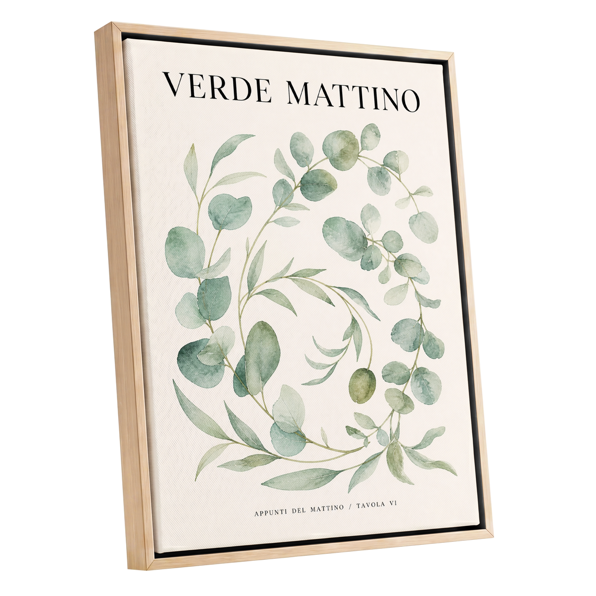Morning Verde Study, green, beige, black nature wall art shown as a oak framed canvas wall art