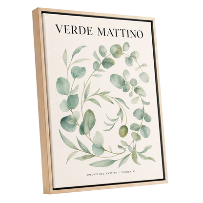 Morning Verde Study, green, beige, black nature wall art shown as a oak framed canvas wall art