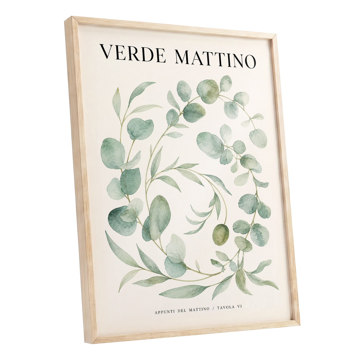 Morning Verde Study, green, beige, black nature wall art shown as a oak framed poster wall art print