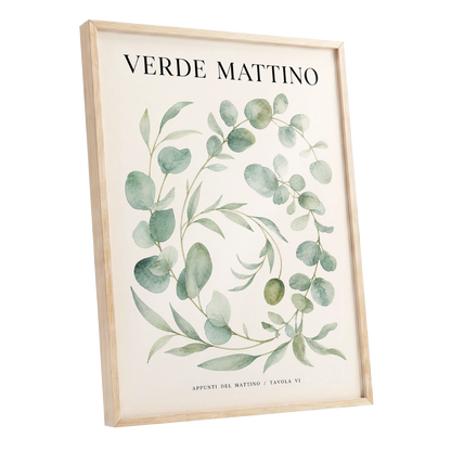 Morning Verde Study, green, beige, black nature wall art shown as a oak framed poster wall art print