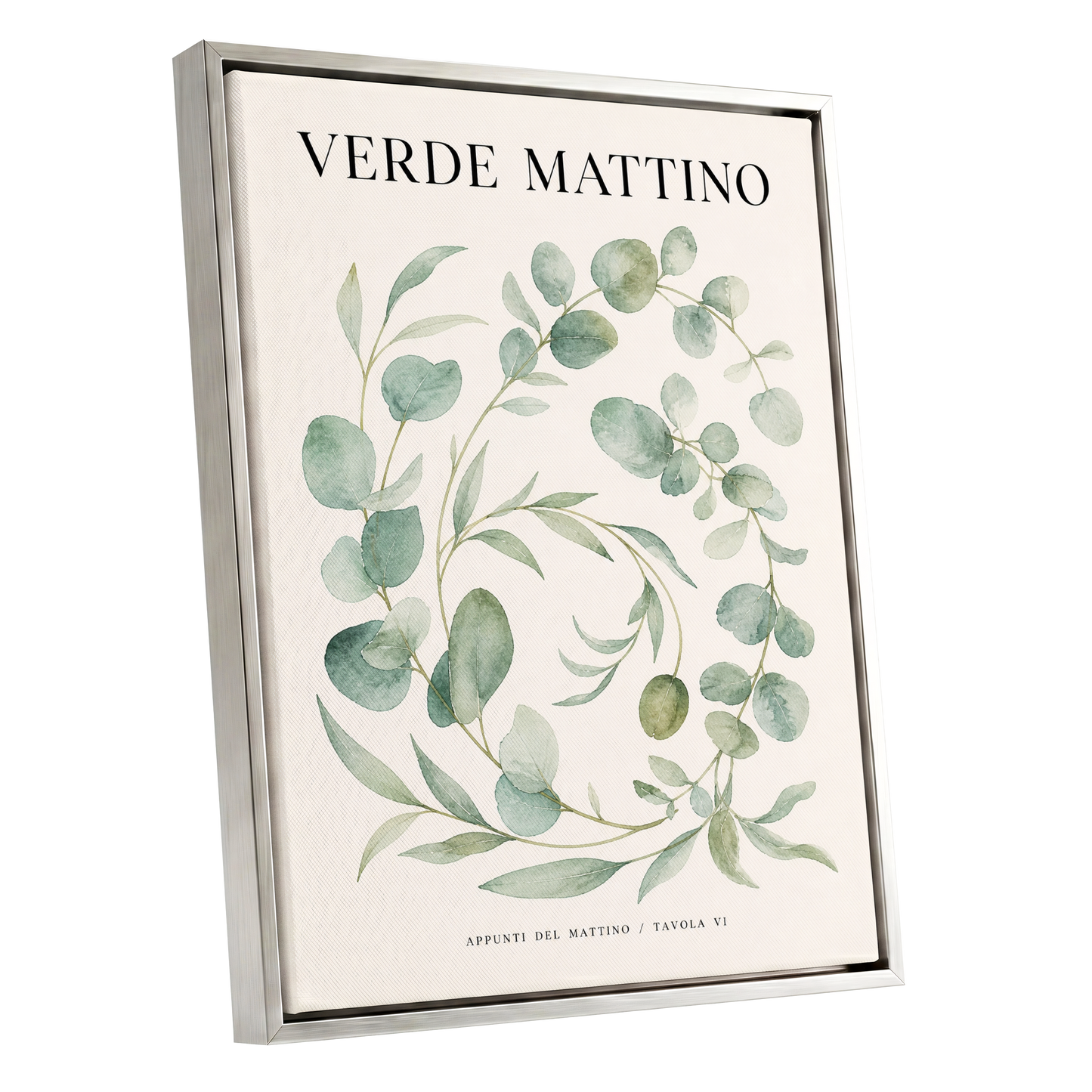 Morning Verde Study, green, beige, black nature wall art shown as a silver framed canvas wall art
