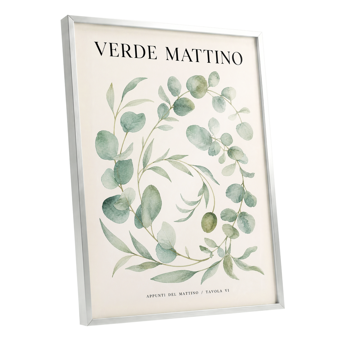 Morning Verde Study, green, beige, black nature wall art shown as a silver framed poster wall art print